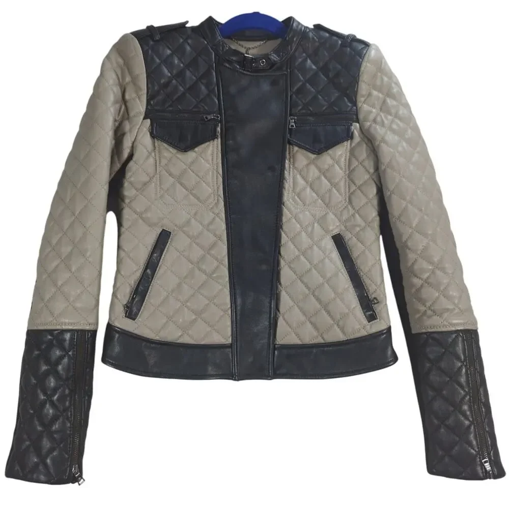 BCBGMAXAZRIA Jacket XS Black Beige Quilted Lamb Leather Moto Biker Womens